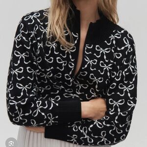 NWOT Maeve Anthropologie The Montana Mock-Neck Half-Zip Sweater Black Bow Print